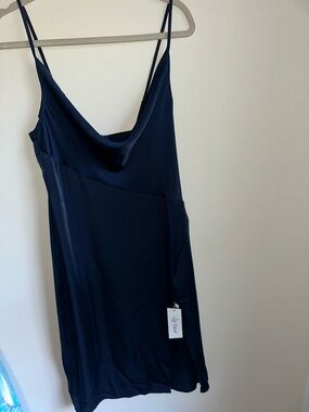 Elegant Navy Satin Slip Midi Dress with leg slit